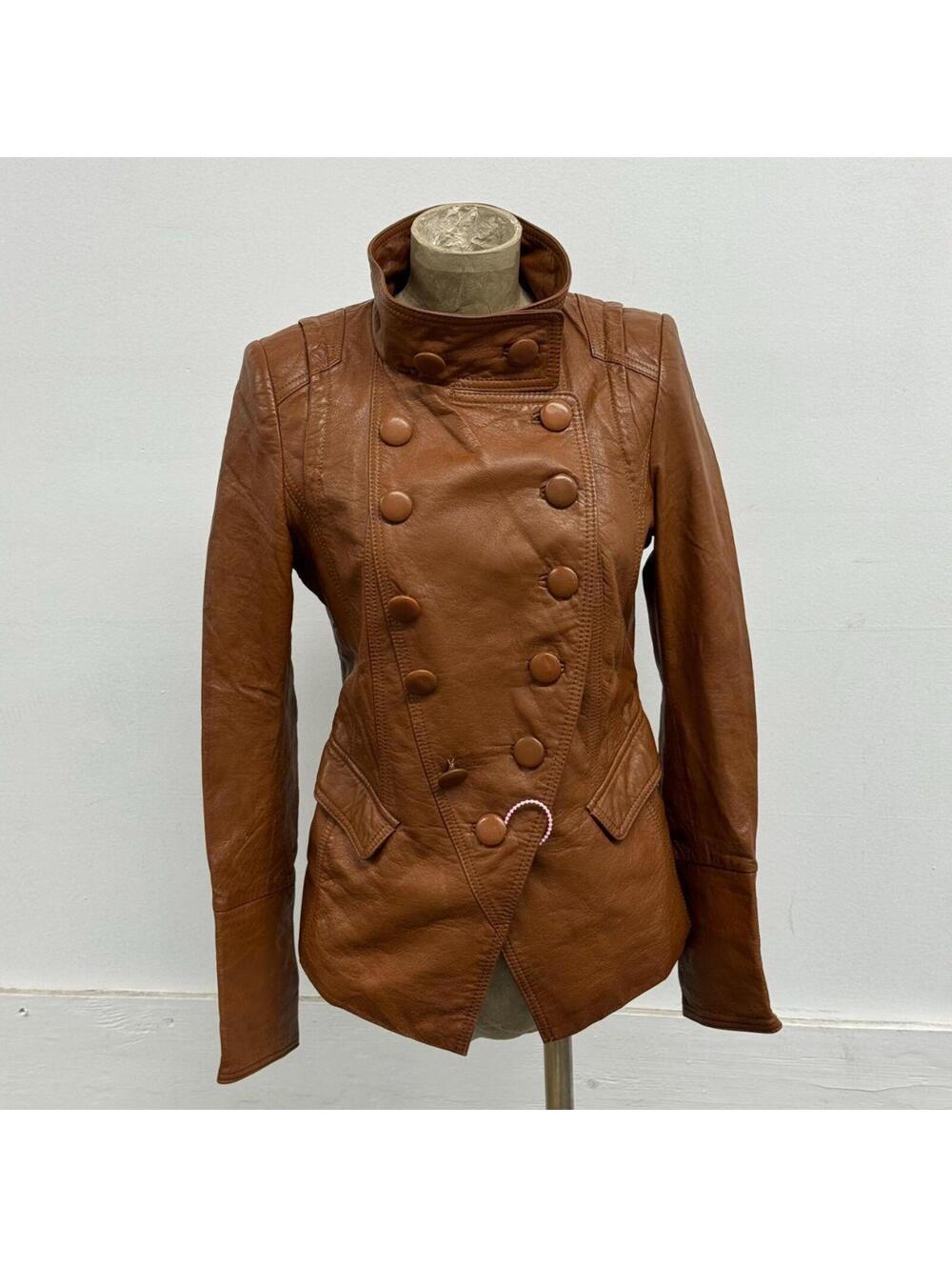 Vintage Cognac Brown Military Funnel Neck Leather Jacket 2